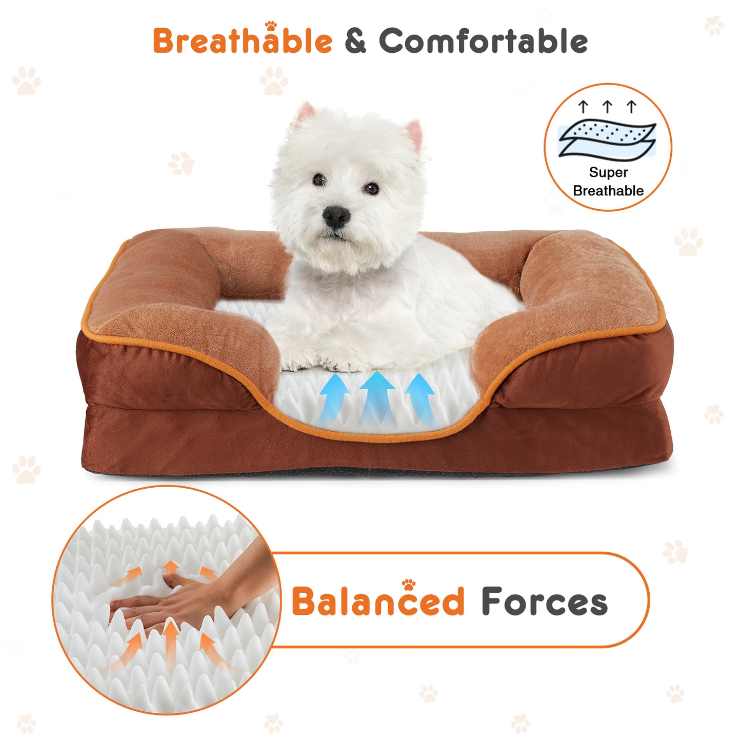 White dog on orthopedic memory foam bed showing super breathable and balanced forces support.