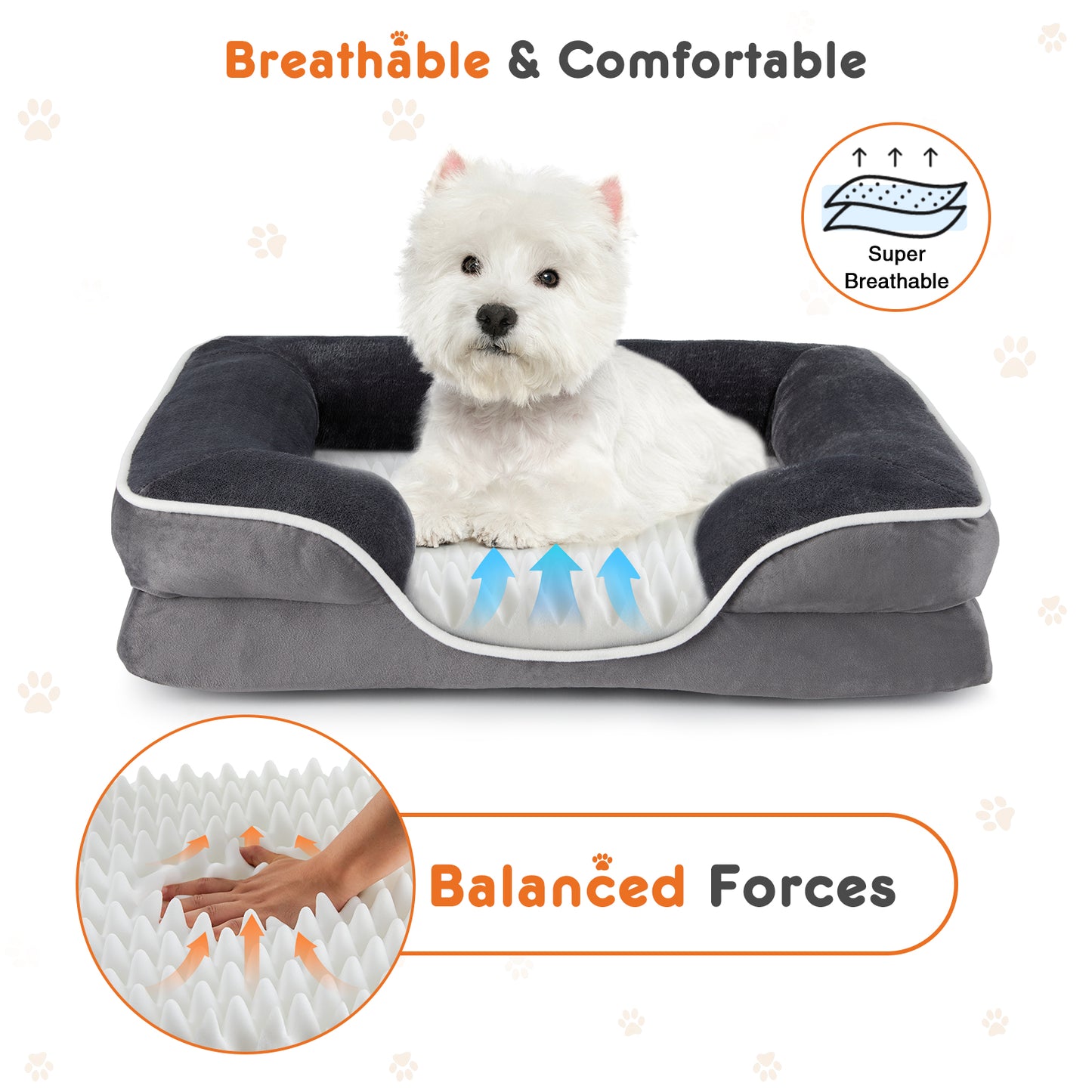 Orthopedic memory foam dog bed with breathable, balanced support system for comfortable pet sleeping.