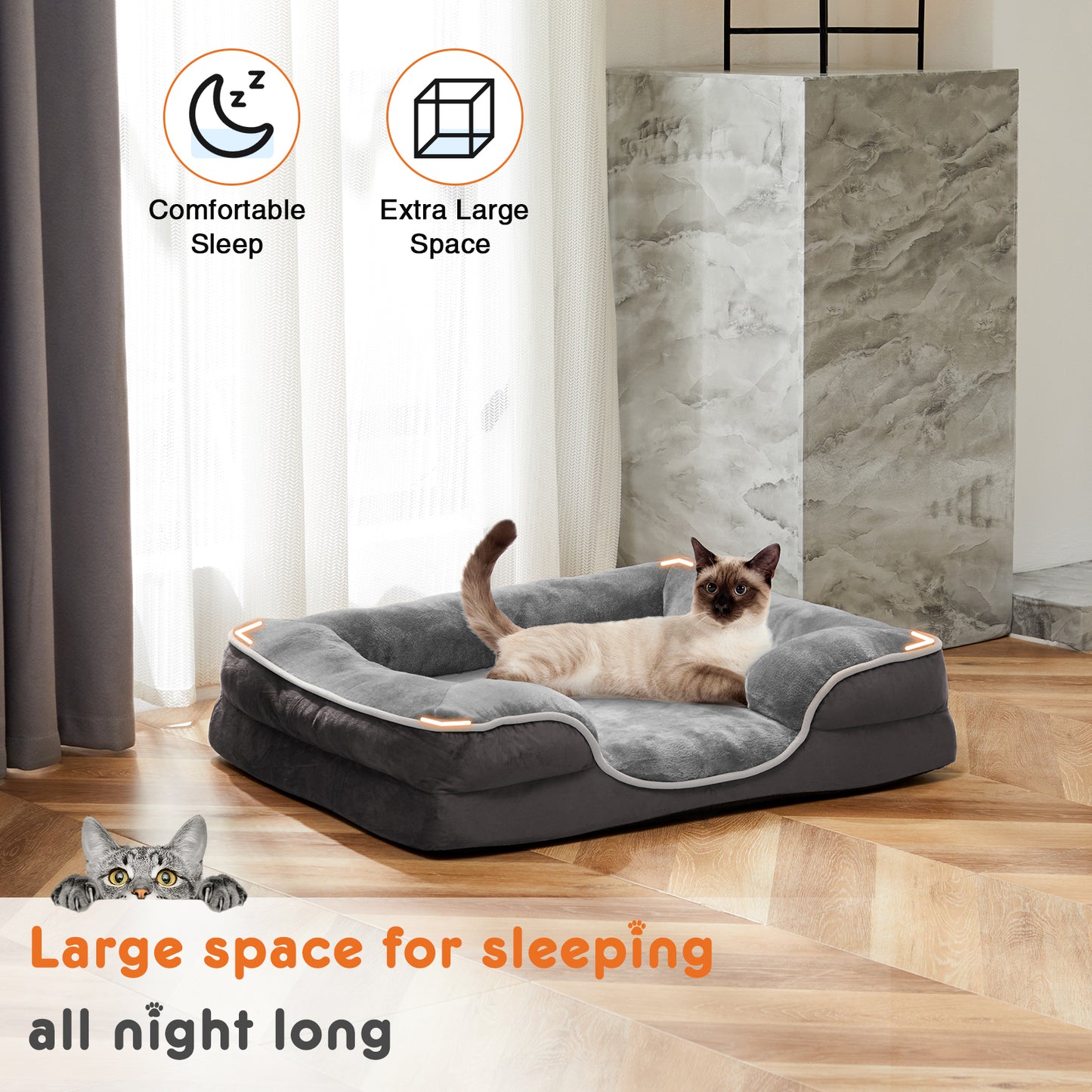 Gray orthopedic memory foam dog bed with extra large space, cat demonstrating comfortable sleeping area