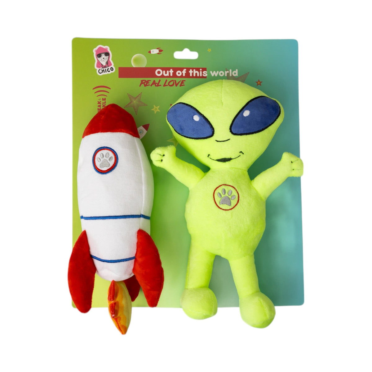Space Alien & Rocket Plush Dog Toy Set