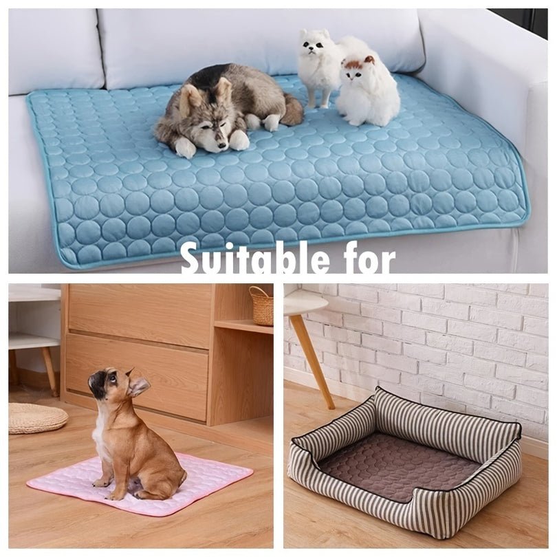 Ice silk cooling mats for pets in multiple colors and sizes, suitable for dogs and cats on furniture and floors.