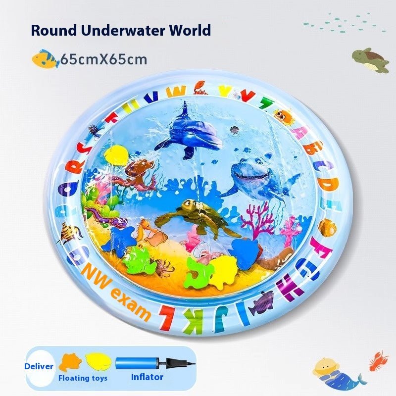 Round underwater cooling mat for pets with floating fish toys and alphabet letters, 65cm diameter