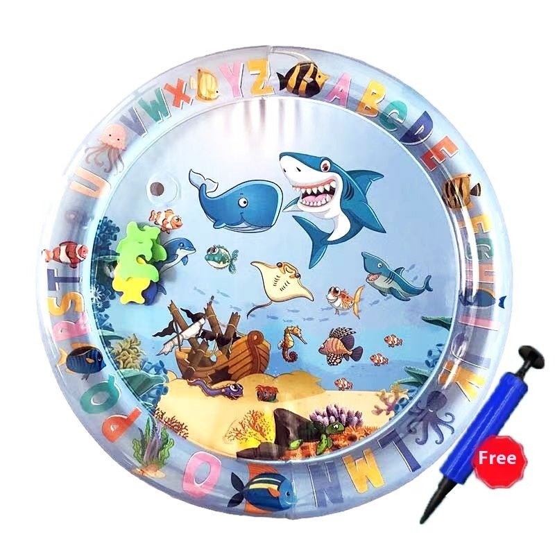 Inflatable pet cooling mat with interactive floating fish game, ocean design, includes pump