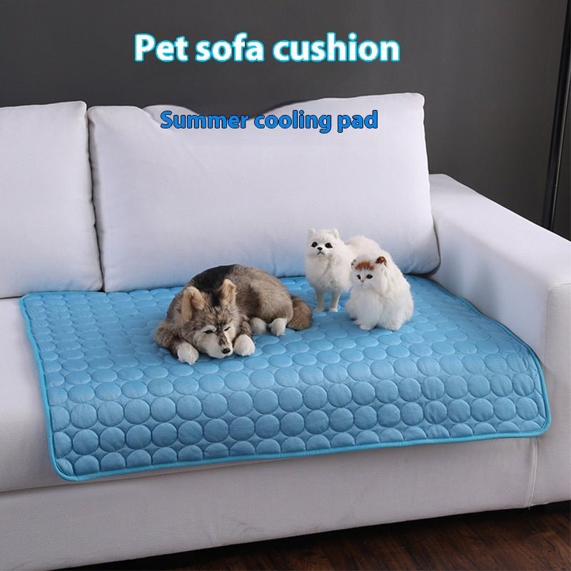 Blue ice silk cooling pad on sofa with dogs and cats enjoying summer comfort
