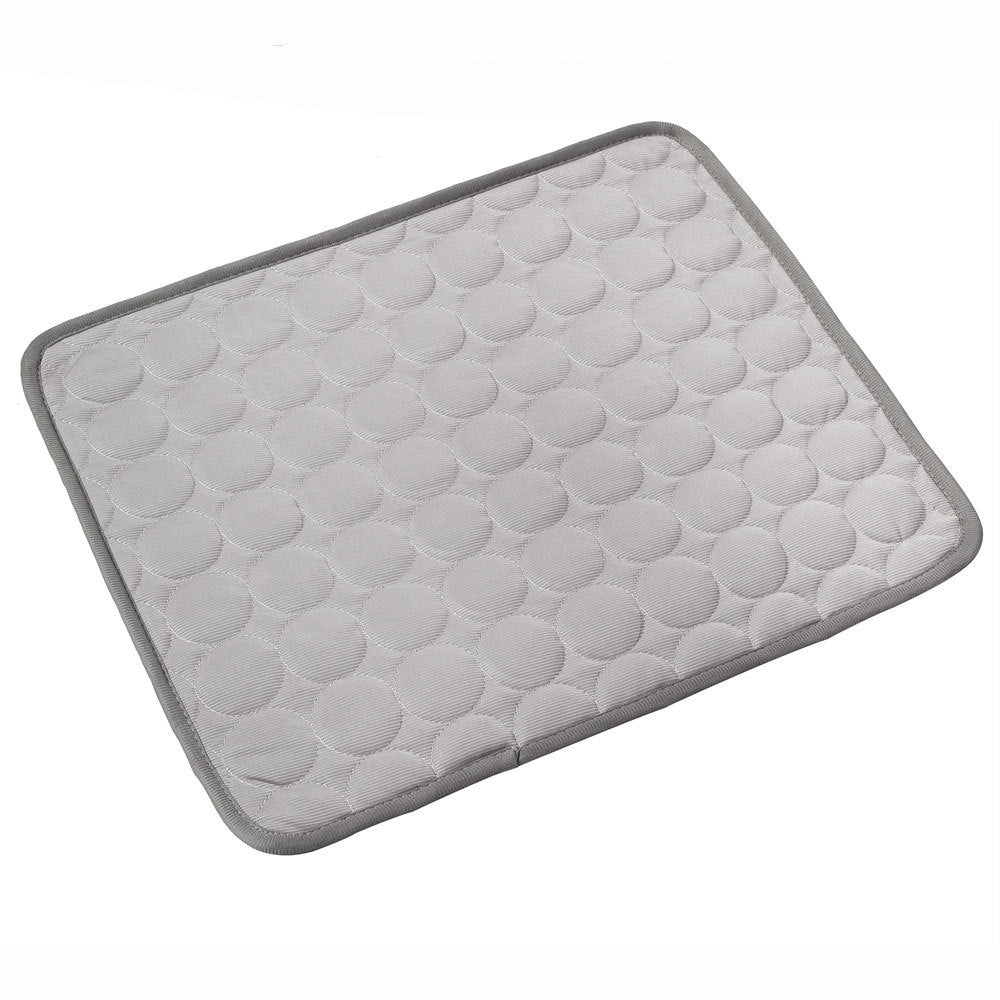 Ice Silk pet cooling mat with quilted circle pattern design, white surface with gray trim.
