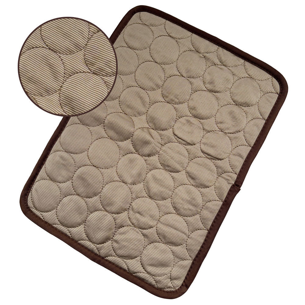 Beige ice silk pet cooling mat with quilted design and brown trim, featuring close-up detail of breathable cooling fabric tex
