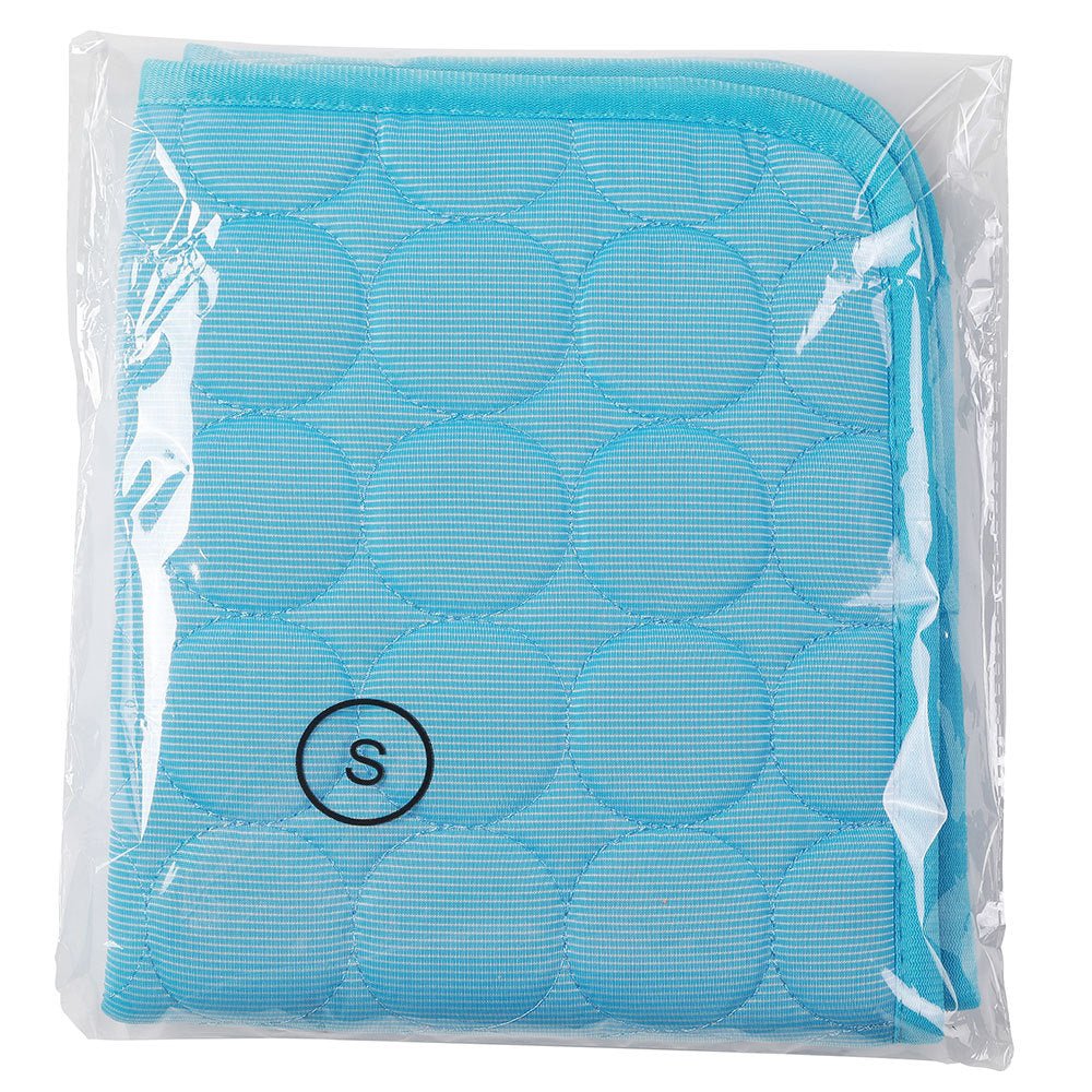 Small turquoise Ice Silk pet cooling mat with quilted design, packaged for dogs and cats.