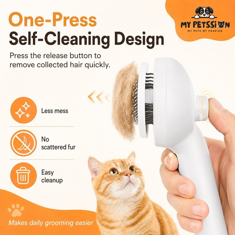 Pet spray grooming brush with one-press self-cleaning button releases collected fur easily in hand held over orange cat.
