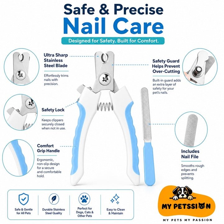 Pet nail clipper with safety guard and comfort grip for safe dog and cat grooming.