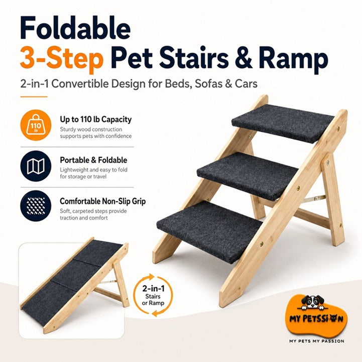 Foldable 3-step pet stairs and ramp with features highlighted on a white background
