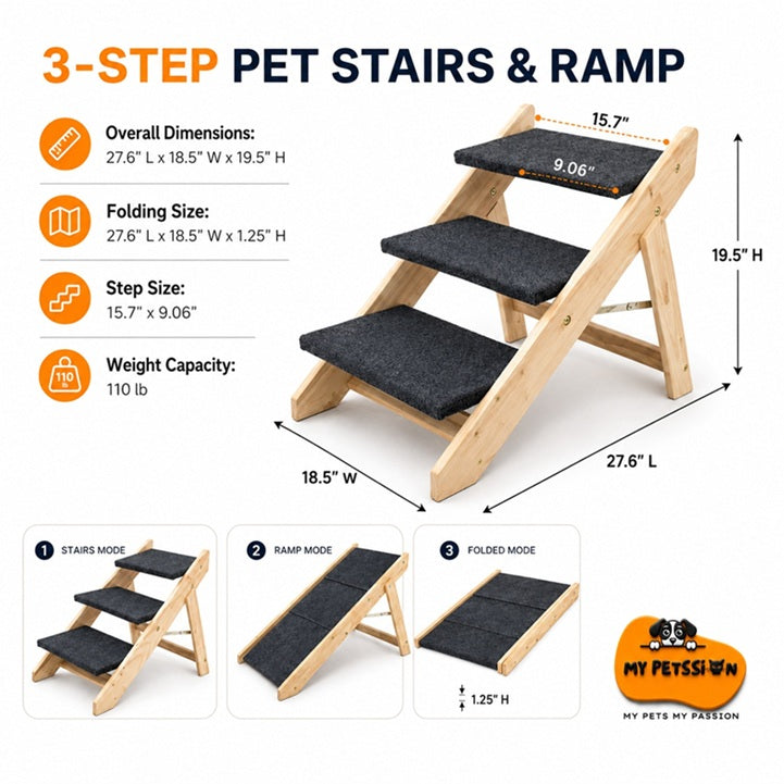 3-step pet stairs and ramp with dimensions and features on a white background