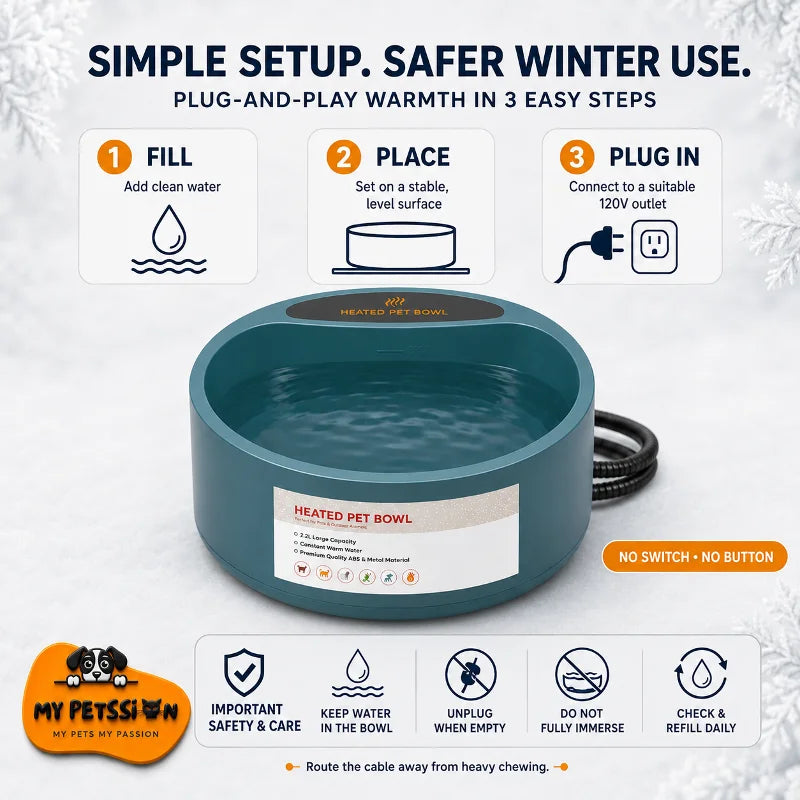 A teal heated pet bowl with a black cord and a white label, shown on a light background with marketing text and icons for setup and features. The My Pet's Own brand logo is visible in the lower left.