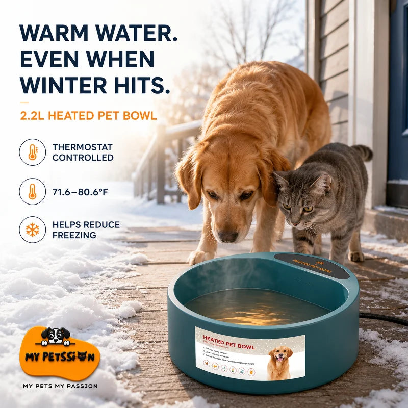 A heated pet bowl in teal sits on a snowy porch with a golden retriever and a gray cat looking at it. Text on the image highlights the bowl's features: 2.