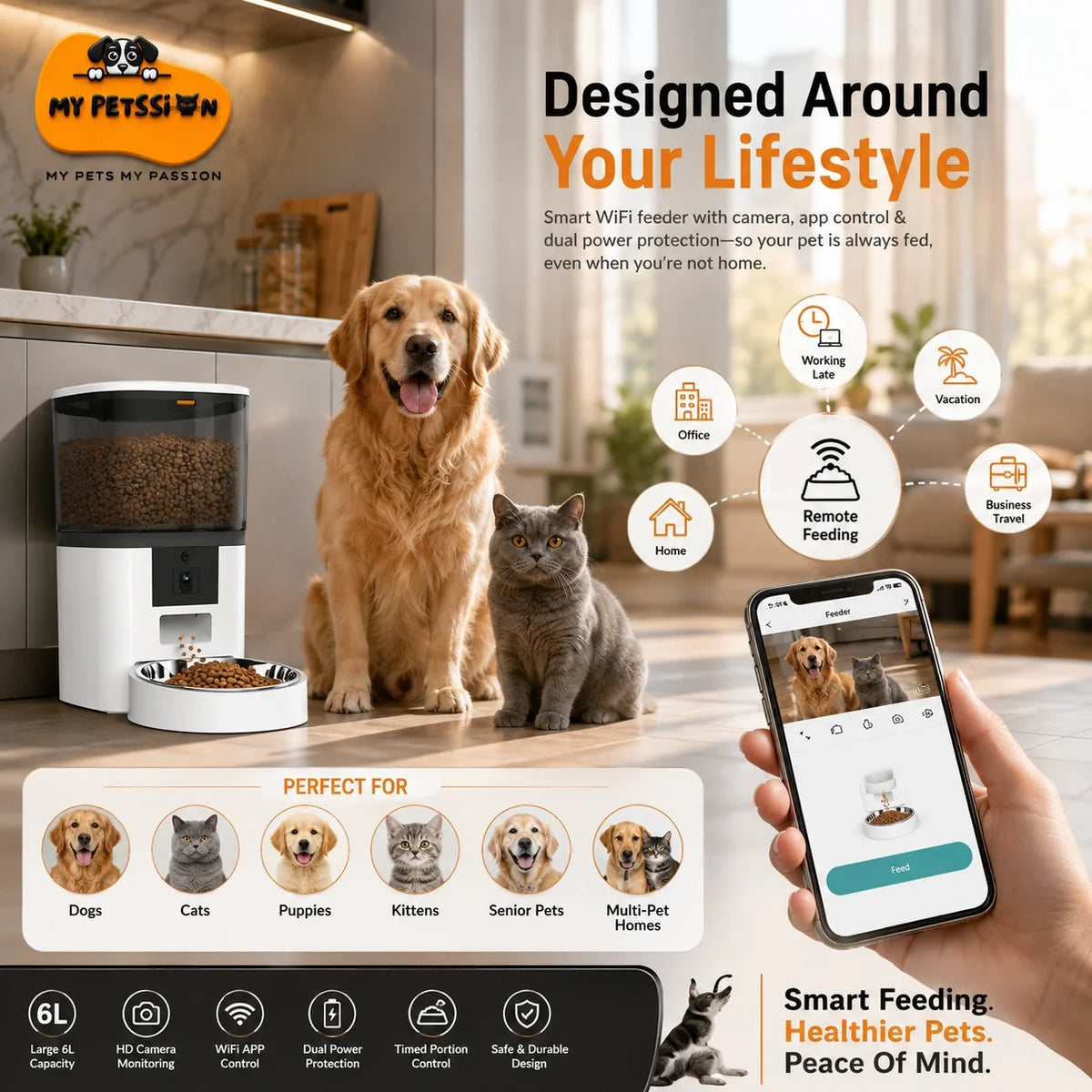 My PetSiion smart automatic pet feeder shown in a home setting with a golden retriever and a cat, alongside a smartphone displaying the companion app and feature callouts for remote feeding, working dog, vacation mode, and office use.