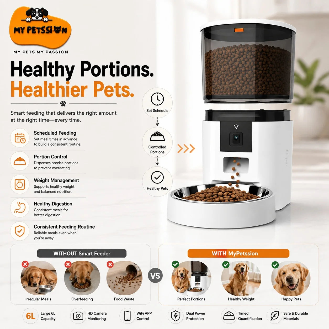My PetSion smart pet feeder shown on a clean light background with feature callouts, a before-and-after comparison section, and a bowl of kibble below the feeder.
