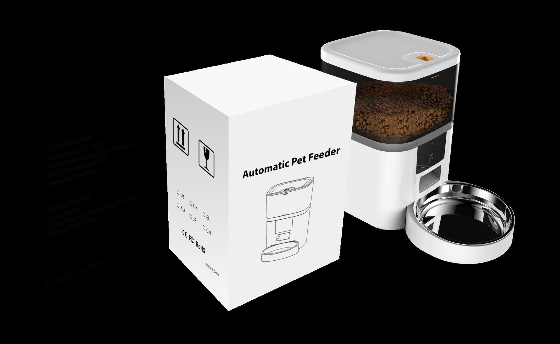 Automatic pet feeder with packaging on a black background