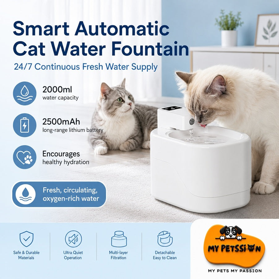 Smart automatic cat water fountain with two cats drinking water, featuring product details and My Petssi branding.