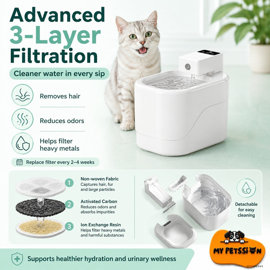 Cat next to a white pet water fountain with filtration features displayed.