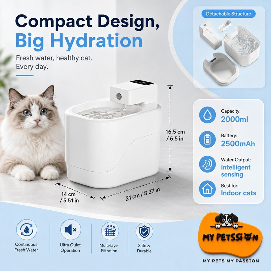 Pet water fountain with cat illustration and product features on a white background