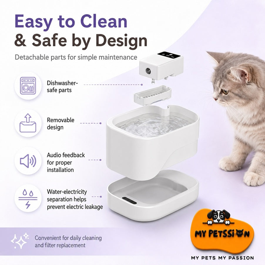 Cat water fountain with features highlighted and a cat looking at it on a light purple background.