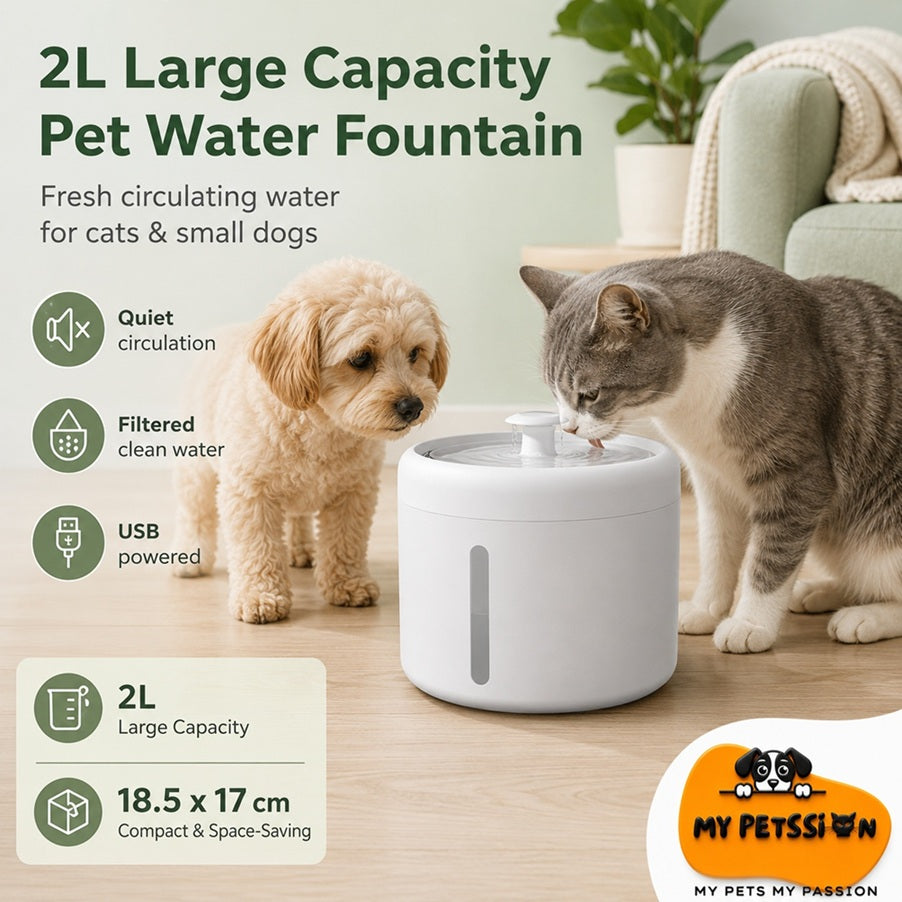 Pet water fountain with a dog and cat drinking from it, surrounded by home decor.
