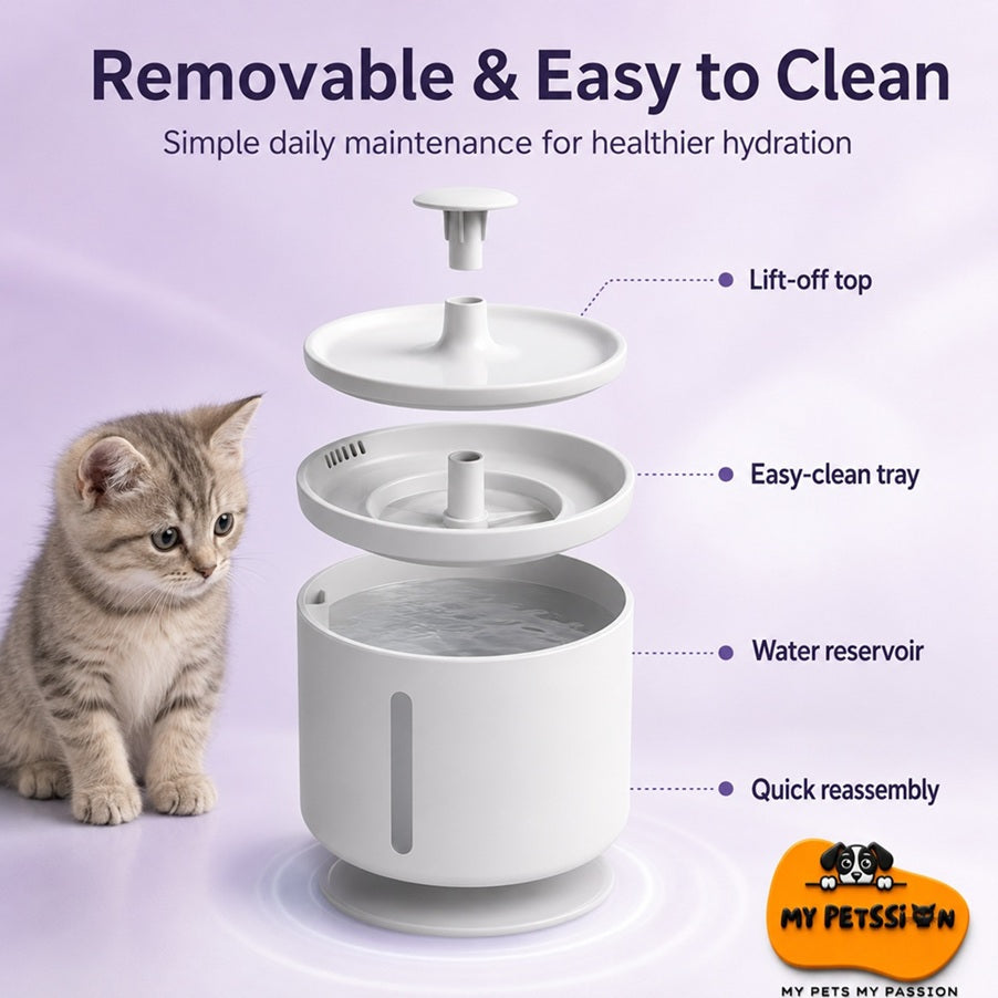 Pet water fountain with detachable parts and a kitten on a light purple background, featuring the brand 'My Pet Passion'.