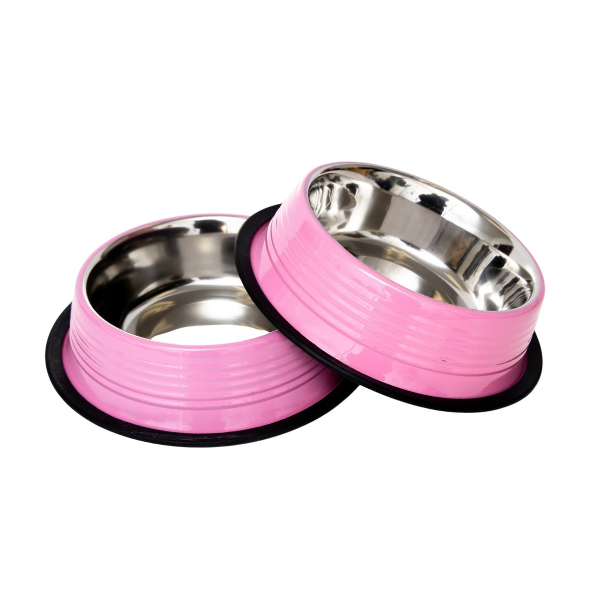 Carnation Pink Ribbed Stainless Steel Pet Bowls, Set of 2