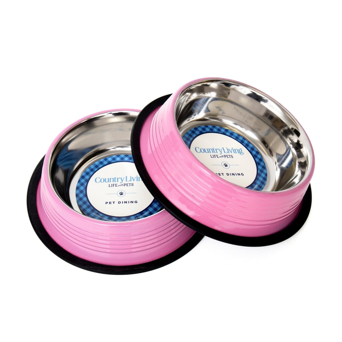 Carnation Pink Ribbed Stainless Steel Pet Bowls, Set of 2