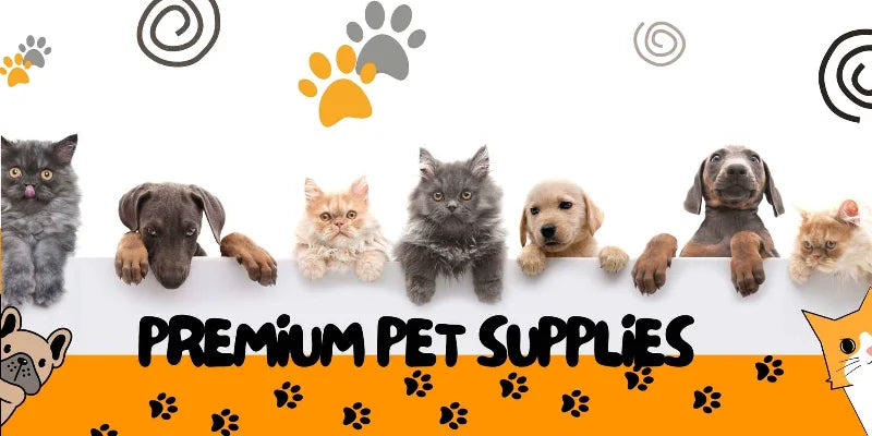 Row of cats and dogs with 'Premium Pet Supplies' text on a white and orange background with paw prints.