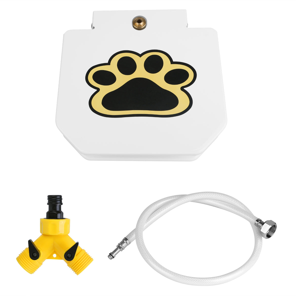 Dog water fountain with paw pad design, step-on pedal, and hose connection for outdoor hydration.
