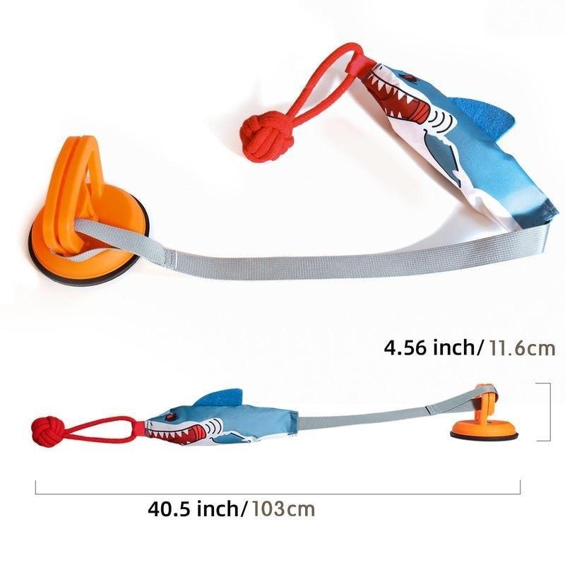 Shark suction cup interactive pet toy with red ball toy and orange base, shown with size dimensions for cats and dogs.