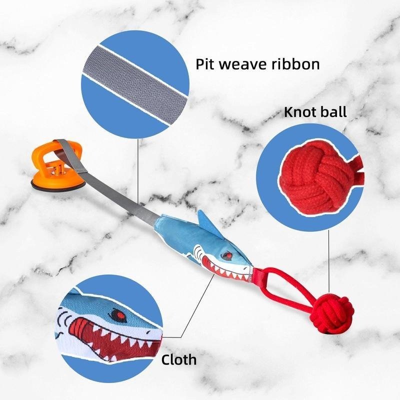 Shark suction cup toy parts diagram showing ribbon, knot ball, and cloth textures for interactive pet play.