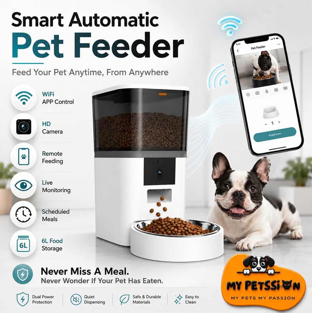 A smart automatic pet feeder shown with a bowl of kibble, a French bulldog sitting beside it, a smartphone app screen, and feature icons on a light gray background. Text highlights WiFi app control, HD camera, remote feeding, live monitoring, scheduled meals, 6L food storage, and meal-notification benefits.
