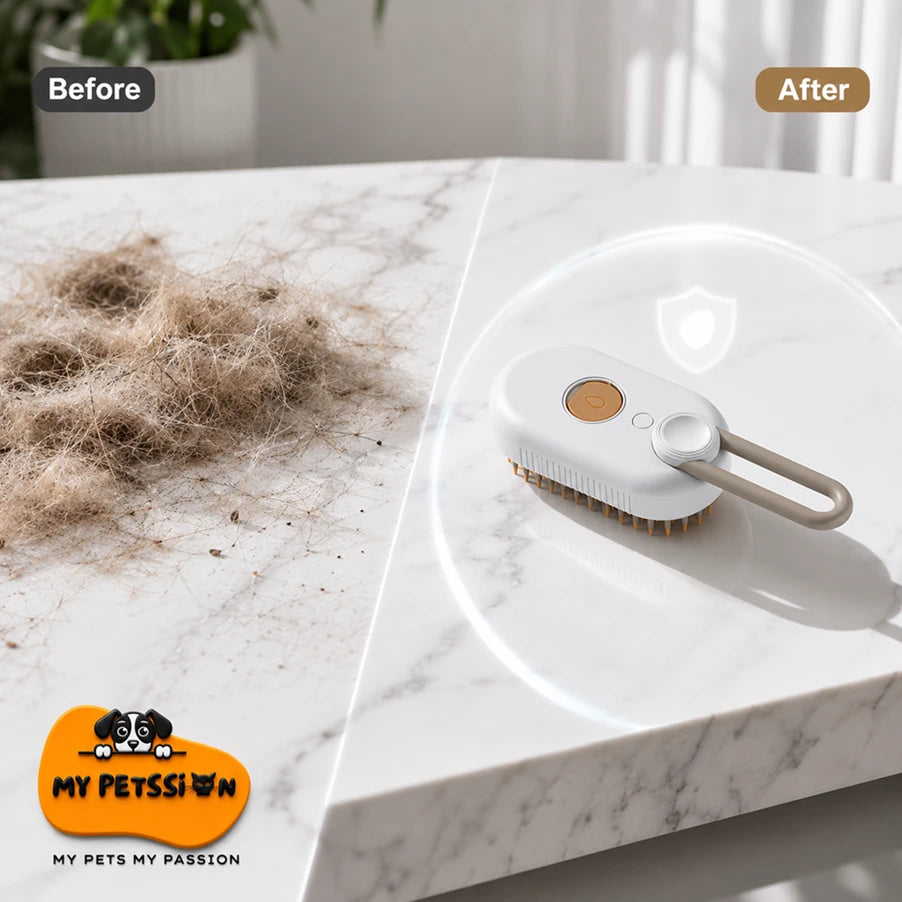 A pet hair remover tool shown on a white marble surface with a pile of pet hair labeled 'Before' on the left and a clean, hair-free surface labeled 'After' on the right. The orange 'My Petssion' logo appears in the bottom-left corner.