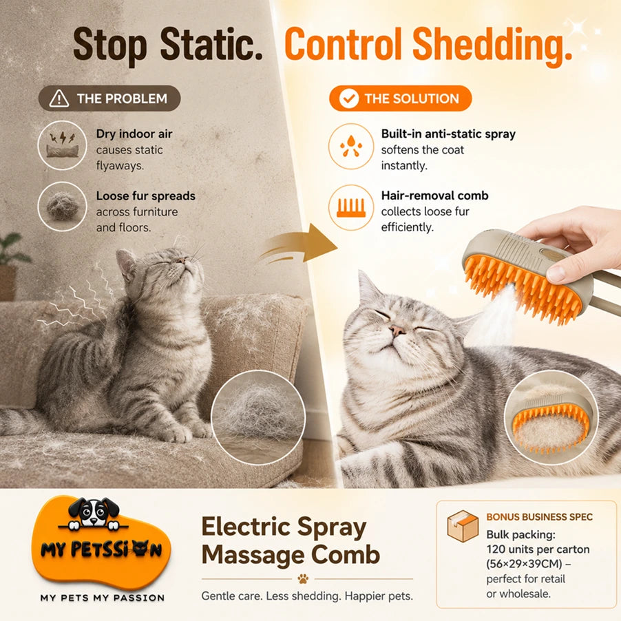 Promotional infographic for the My Petssion Electric Spray Massage Comb, showing before-and-after comparisons of a gray tabby cat with dry, fluffy fur versus static-prone, fluffy fur. The graphic explains the benefits of anti-static spray and the comb, with a hand demonstrating the spray and brush action.
