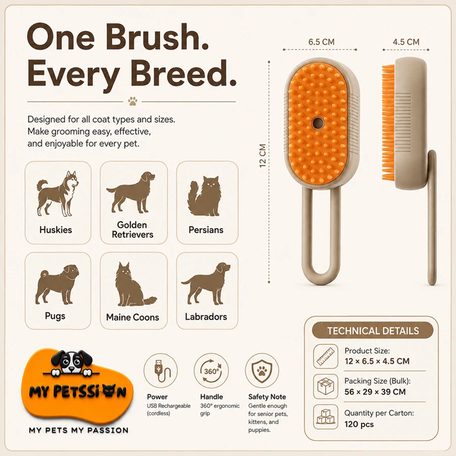 Promotional graphic for a pet grooming brush set, showing the product itself alongside dimensions, breed suitability icons, and technical details on a light beige background. The brush has a beige handle and bristles with an orange silicone pad.