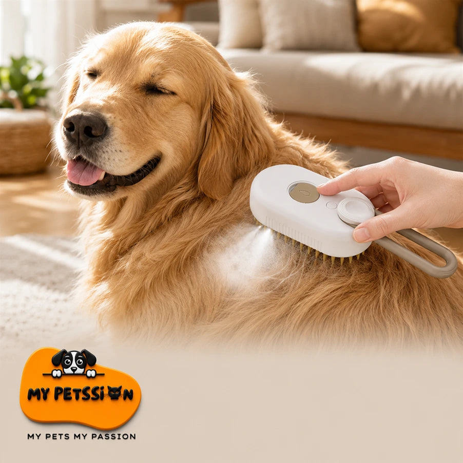 A golden retriever dog lying on a carpeted floor while a human hand holds a white pet grooming brush against its fur. The background shows a softly blurred living room with a sofa and plant.