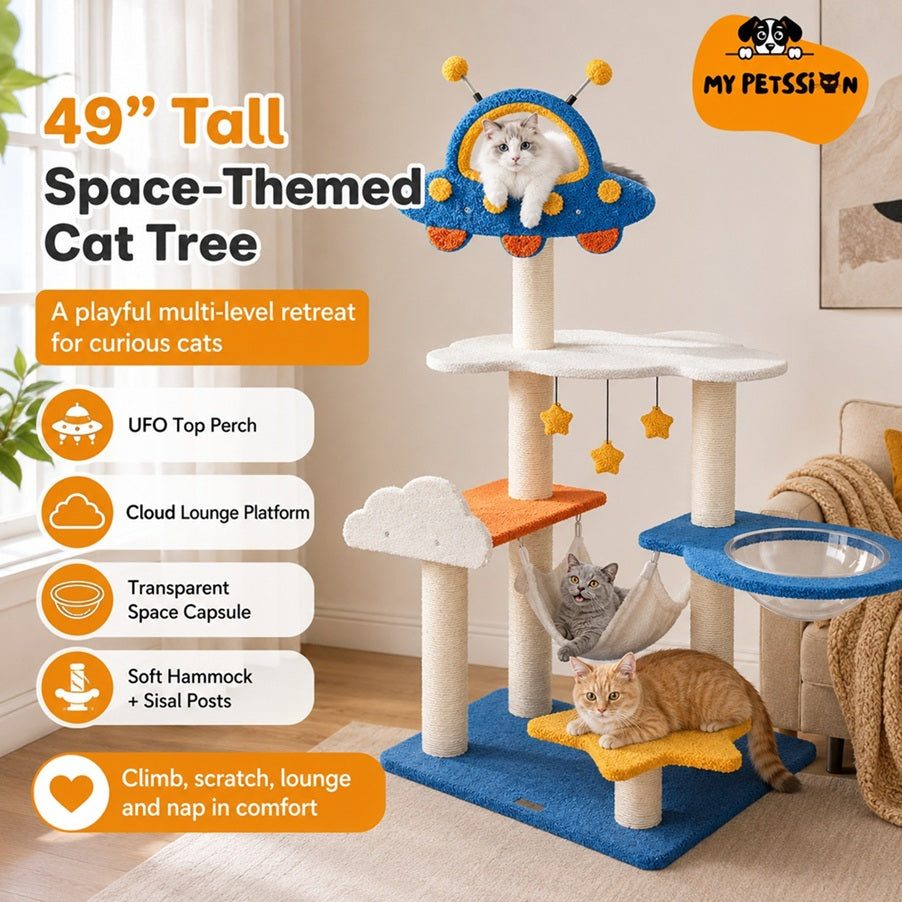 49-Inch Space-Themed Cat Tree with UFO Top Perch & Scratching Posts