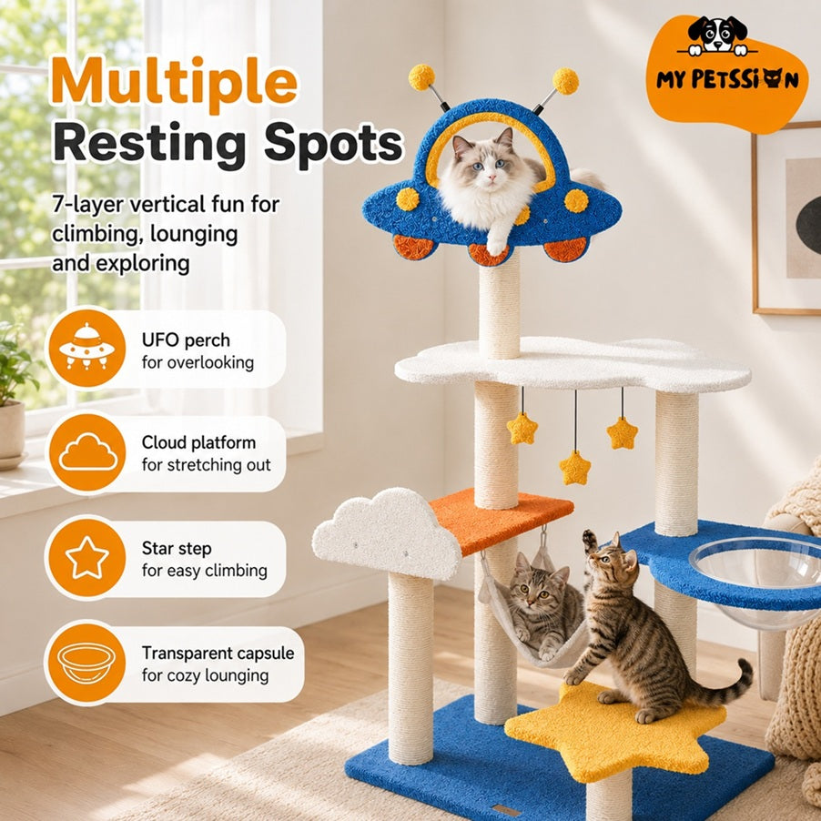 49-Inch Space-Themed Cat Tree with UFO Top Perch & Scratching Posts