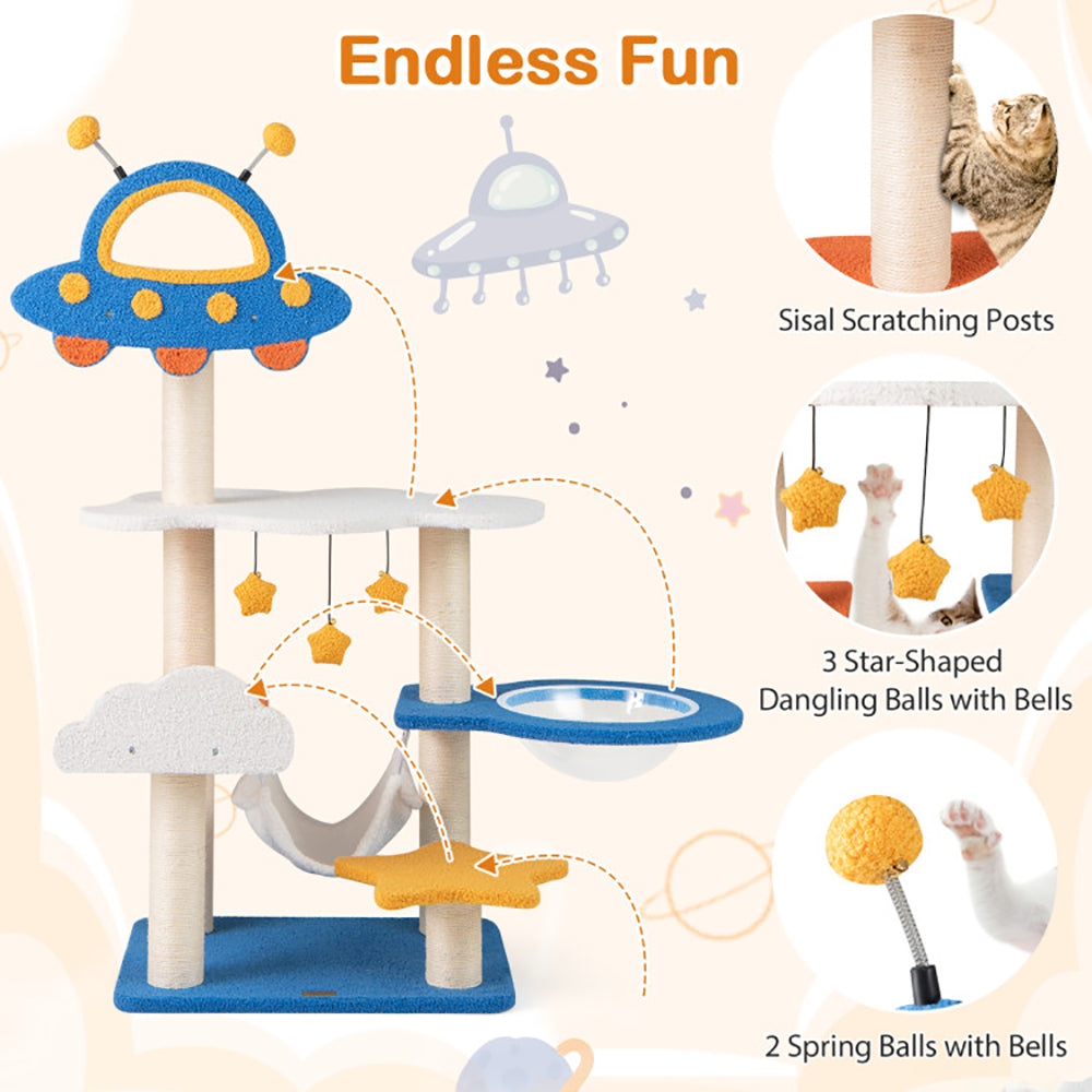 Cat play tree with UFO toy, scratching posts, and hanging balls on a light background