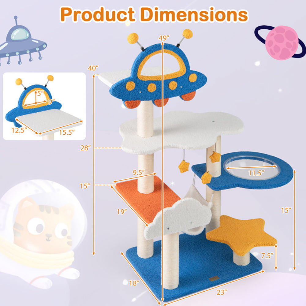 Cat tree with dimensions labeled, featuring space-themed design.