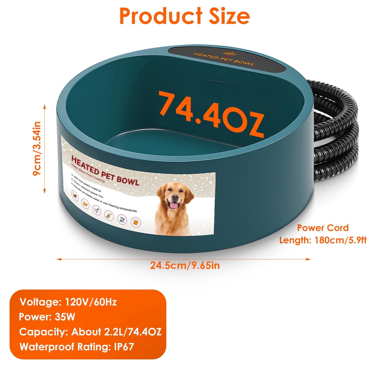 Heated pet bowl with dimensions, capacity, and power details on a white background