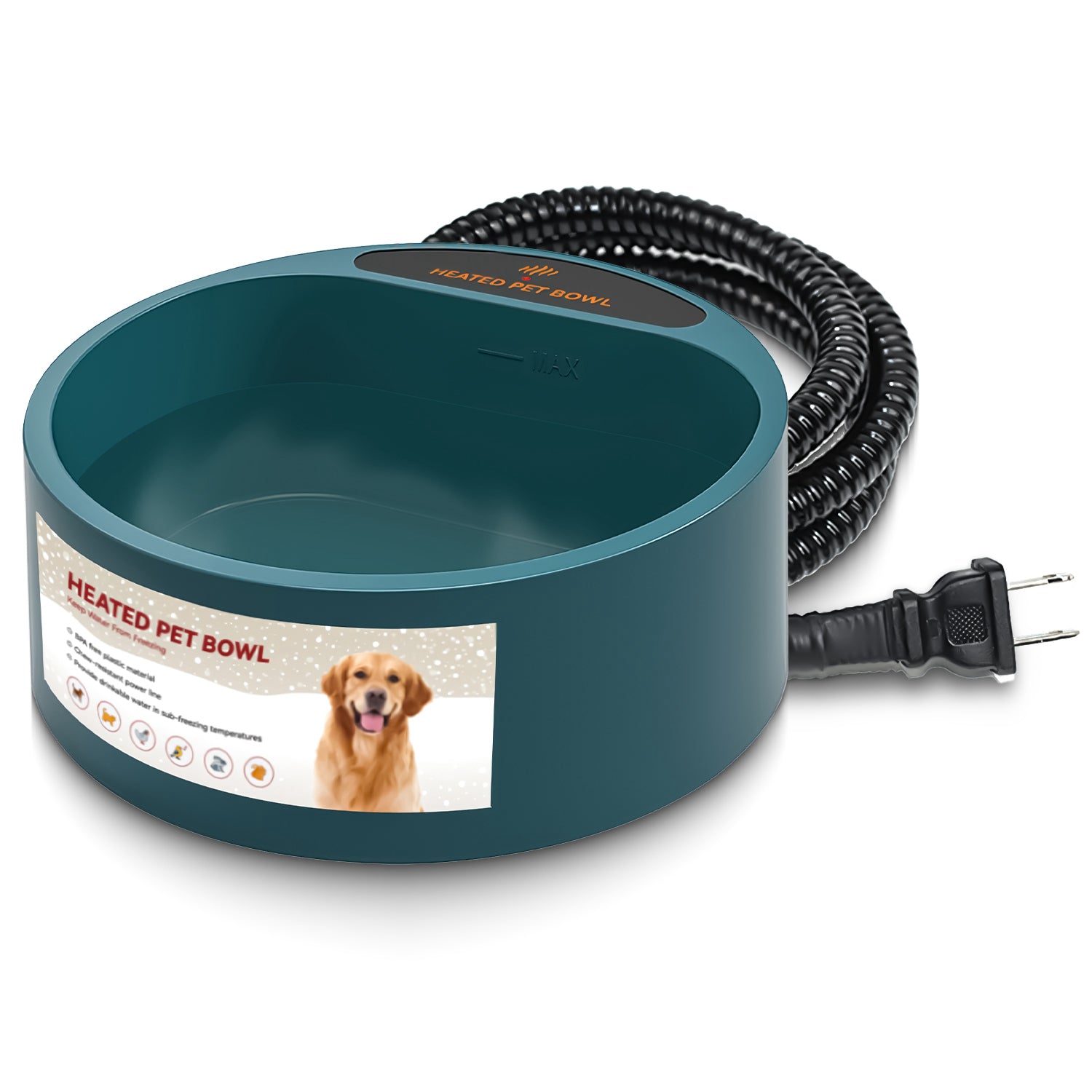 Heated pet bowl with power cord on a white background