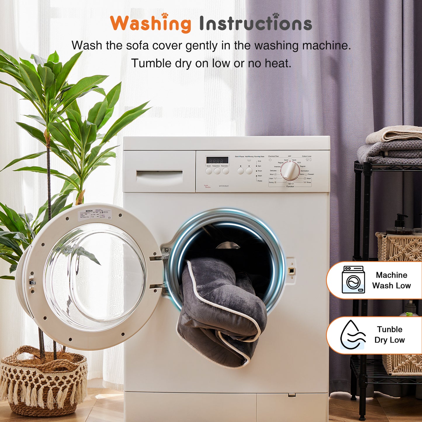 Orthopedic dog bed cover washing instructions showing machine wash low and tumble dry low settings.