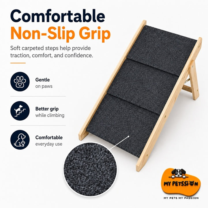 Pet climbing ramp with non-slip grip features and My Petssion brand logo.