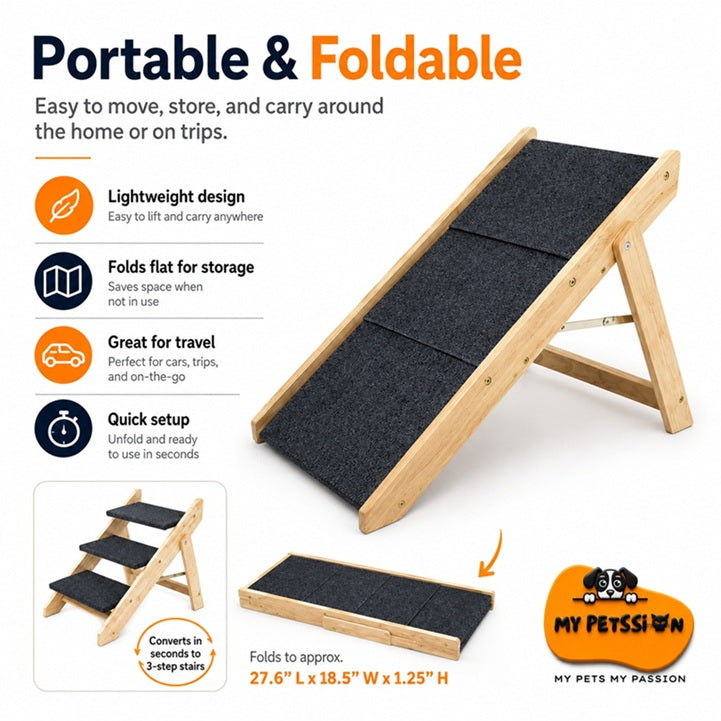 Portable and foldable pet ramp with features listed on a white background