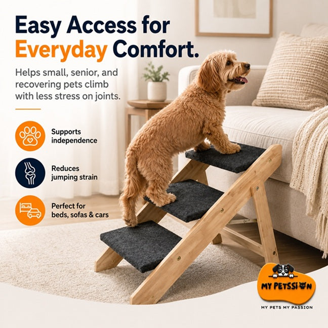 Dog using a set of wooden steps with text about pet comfort and support.