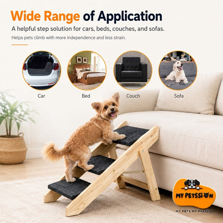 Dog using a pet step to climb onto a couch, with text about its wide range of application.