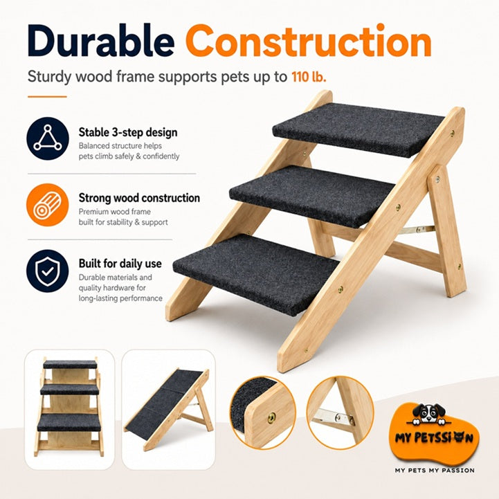 Pet steps with durable construction features and My Petssion logo.